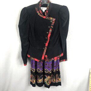 Vintage Ann Tobias Skirt Suit Womens 12 Black Corduroy Puff Sleeves Retro 80s